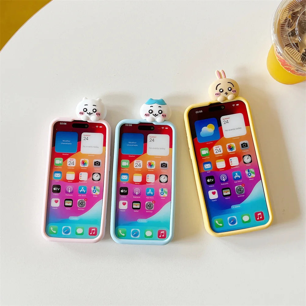 Cartoon Cute Chiikawa H-Hachiwares Usagis Stereoscopic Phone Case for IPhone 16 15 14 13 12 Pro Max Soft Silicone Cover
