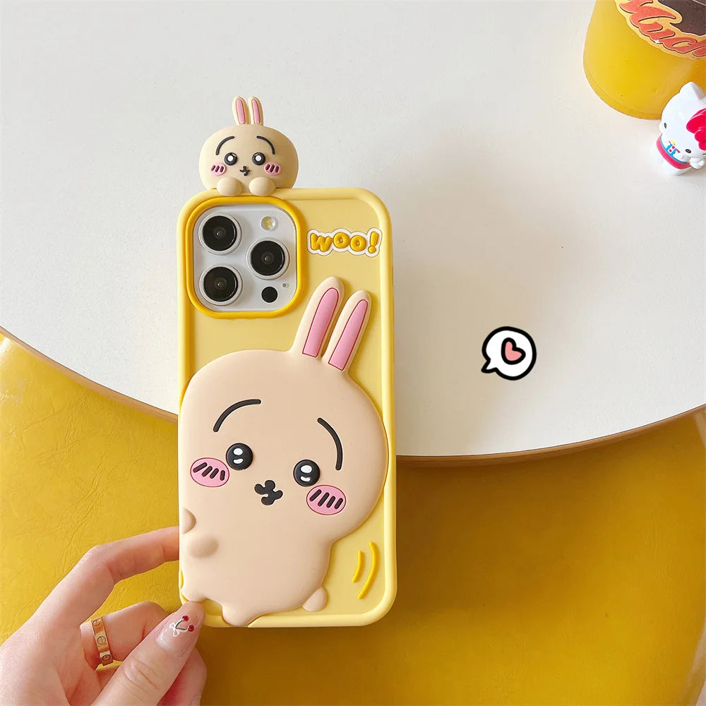 Cartoon Cute Chiikawa H-Hachiwares Usagis Stereoscopic Phone Case for IPhone 16 15 14 13 12 Pro Max Soft Silicone Cover