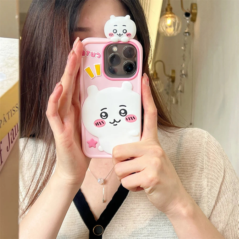 Cartoon Cute Chiikawa H-Hachiwares Usagis Stereoscopic Phone Case for IPhone 16 15 14 13 12 Pro Max Soft Silicone Cover