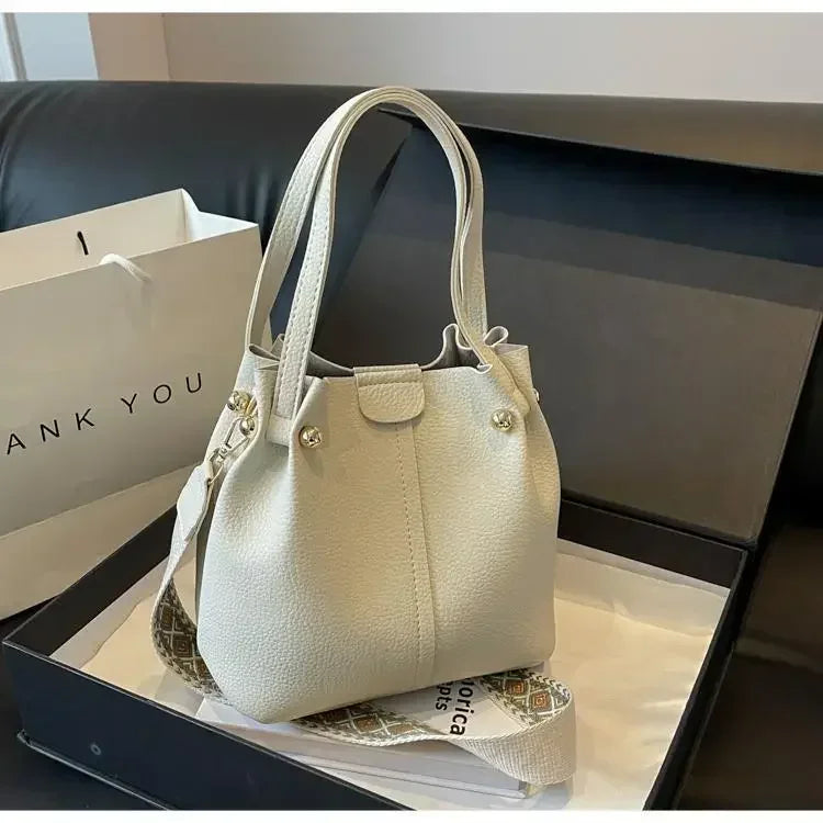 2025 High Quality Solid PU Bucket Shoulder Soft Crossbody Bags Korean High-end Design Large Capacity Women's Handbags