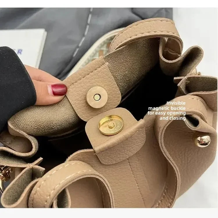 2025 High Quality Solid PU Bucket Shoulder Soft Crossbody Bags Korean High-end Design Large Capacity Women's Handbags