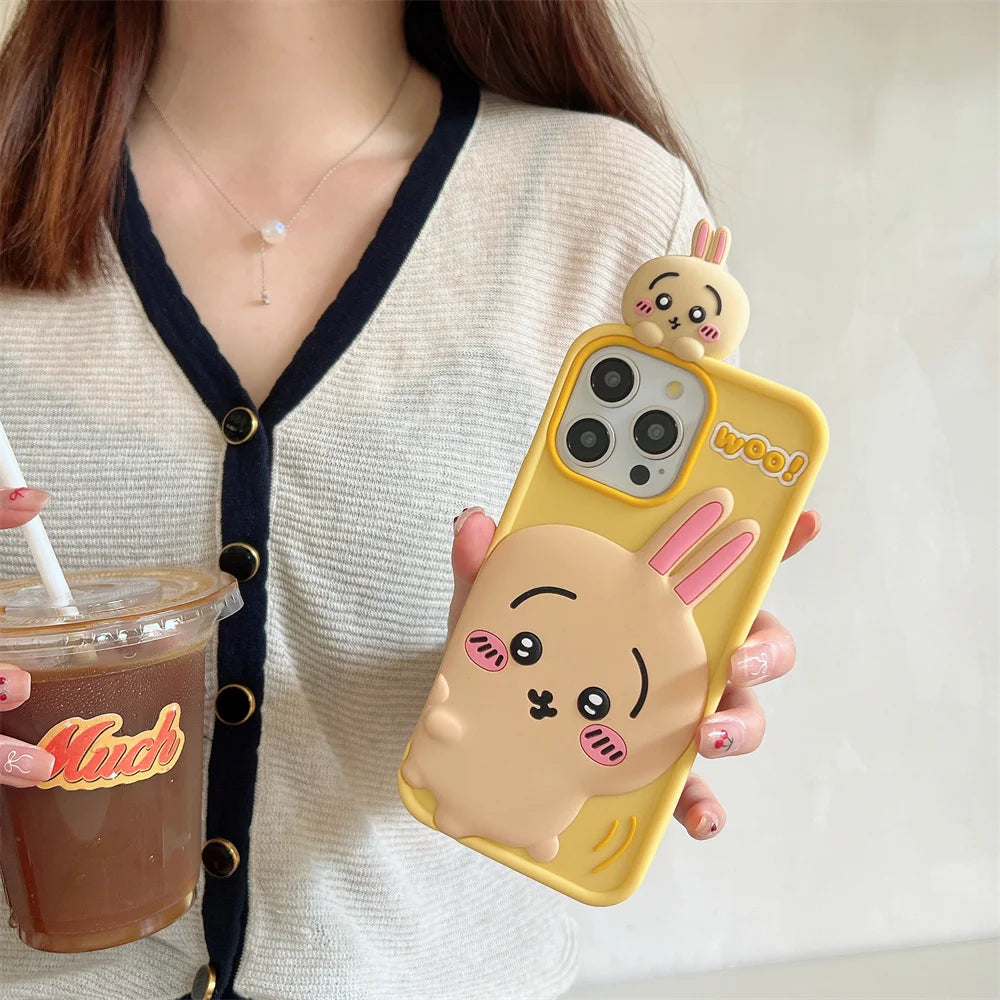 Cartoon Cute Chiikawa H-Hachiwares Usagis Stereoscopic Phone Case for IPhone 16 15 14 13 12 Pro Max Soft Silicone Cover