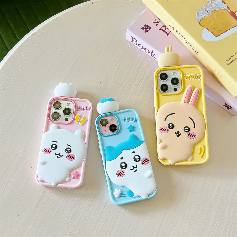 Cartoon Cute Chiikawa H-Hachiwares Usagis Stereoscopic Phone Case for IPhone 16 15 14 13 12 Pro Max Soft Silicone Cover