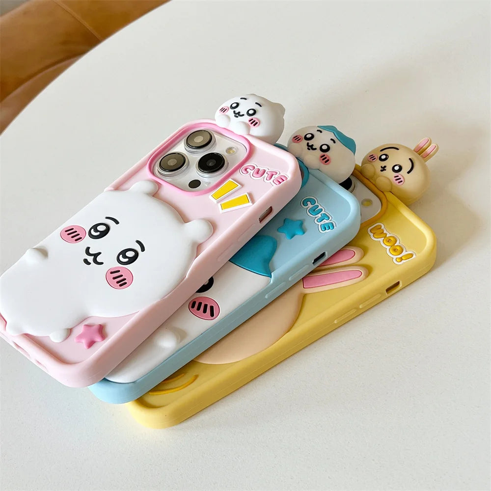 Cartoon Cute Chiikawa H-Hachiwares Usagis Stereoscopic Phone Case for IPhone 16 15 14 13 12 Pro Max Soft Silicone Cover