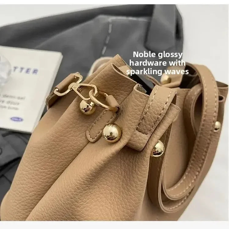 2025 High Quality Solid PU Bucket Shoulder Soft Crossbody Bags Korean High-end Design Large Capacity Women's Handbags