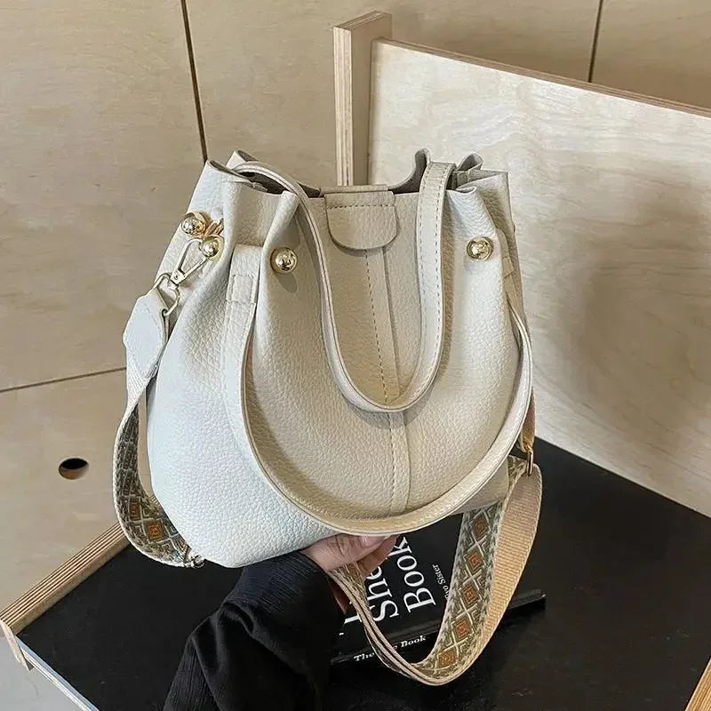 2025 High Quality Solid PU Bucket Shoulder Soft Crossbody Bags Korean High-end Design Large Capacity Women's Handbags