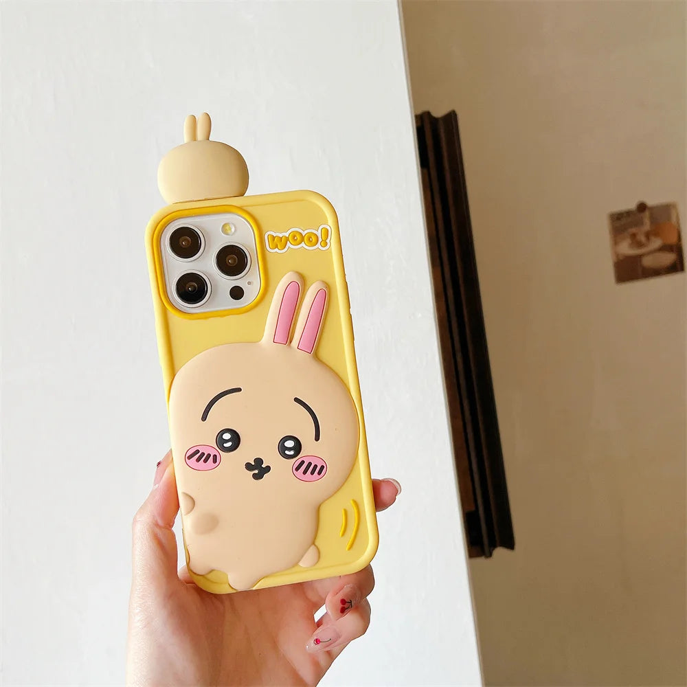 Cartoon Cute Chiikawa H-Hachiwares Usagis Stereoscopic Phone Case for IPhone 16 15 14 13 12 Pro Max Soft Silicone Cover