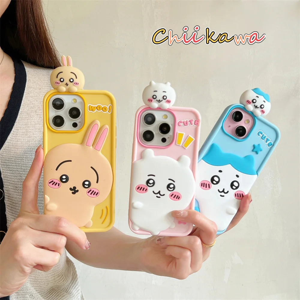 Cartoon Cute Chiikawa H-Hachiwares Usagis Stereoscopic Phone Case for IPhone 16 15 14 13 12 Pro Max Soft Silicone Cover
