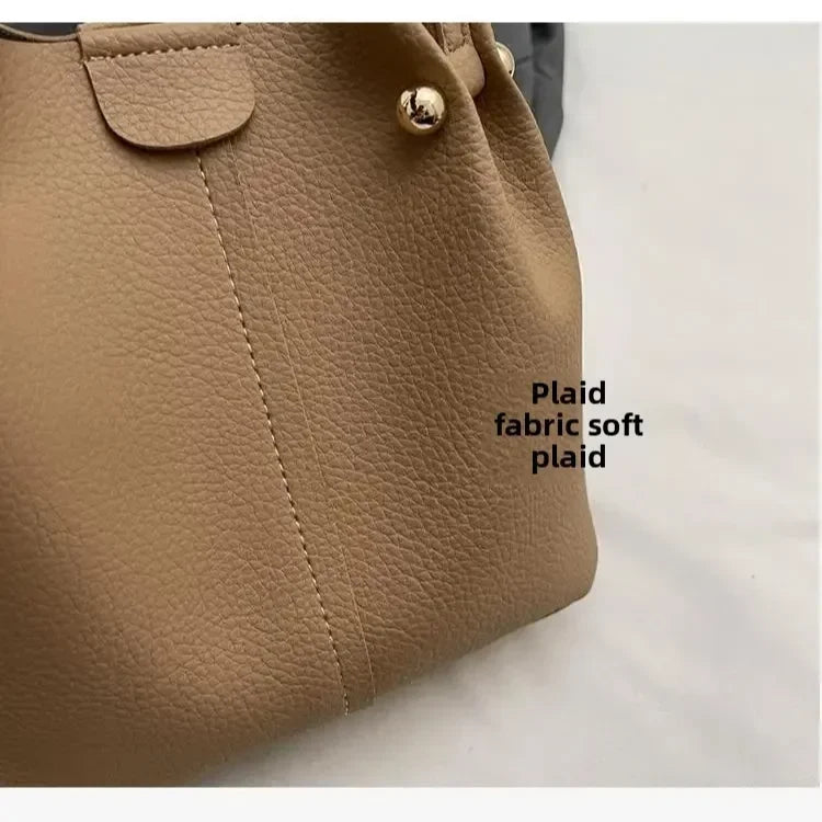 2025 High Quality Solid PU Bucket Shoulder Soft Crossbody Bags Korean High-end Design Large Capacity Women's Handbags