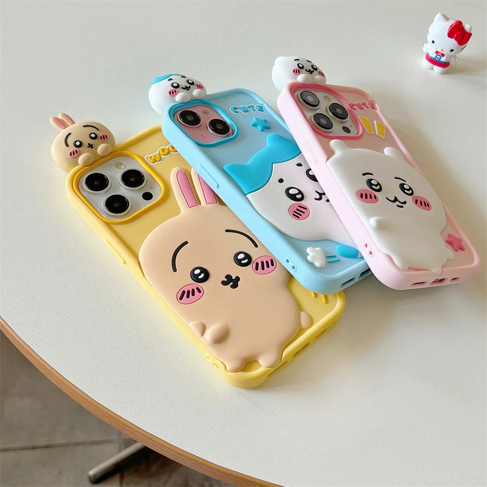 Cartoon Cute Chiikawa H-Hachiwares Usagis Stereoscopic Phone Case for IPhone 16 15 14 13 12 Pro Max Soft Silicone Cover