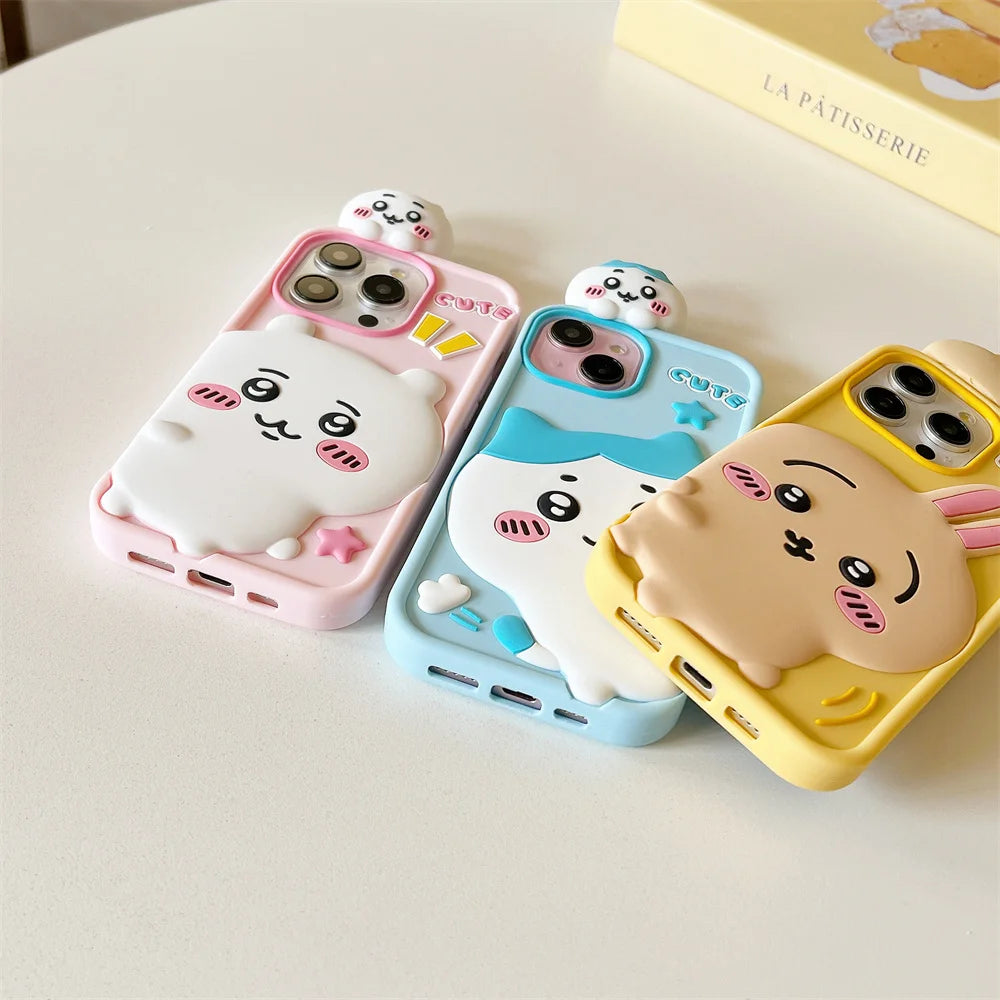 Cartoon Cute Chiikawa H-Hachiwares Usagis Stereoscopic Phone Case for IPhone 16 15 14 13 12 Pro Max Soft Silicone Cover