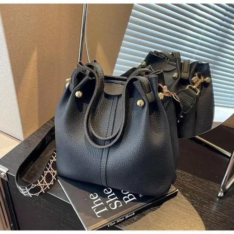 2025 High Quality Solid PU Bucket Shoulder Soft Crossbody Bags Korean High-end Design Large Capacity Women's Handbags