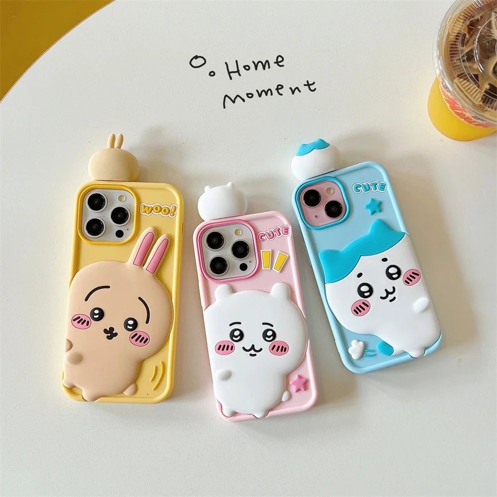 Cartoon Cute Chiikawa H-Hachiwares Usagis Stereoscopic Phone Case for IPhone 16 15 14 13 12 Pro Max Soft Silicone Cover