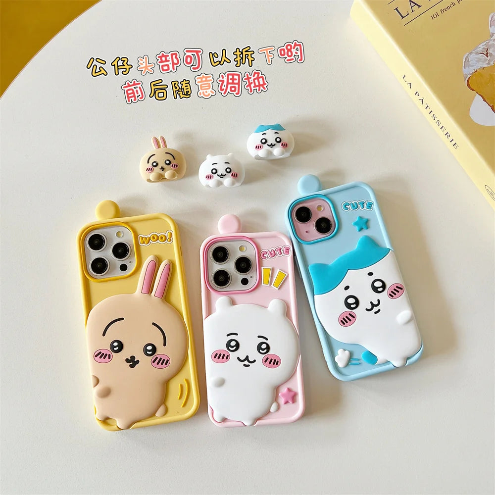 Cartoon Cute Chiikawa H-Hachiwares Usagis Stereoscopic Phone Case for IPhone 16 15 14 13 12 Pro Max Soft Silicone Cover