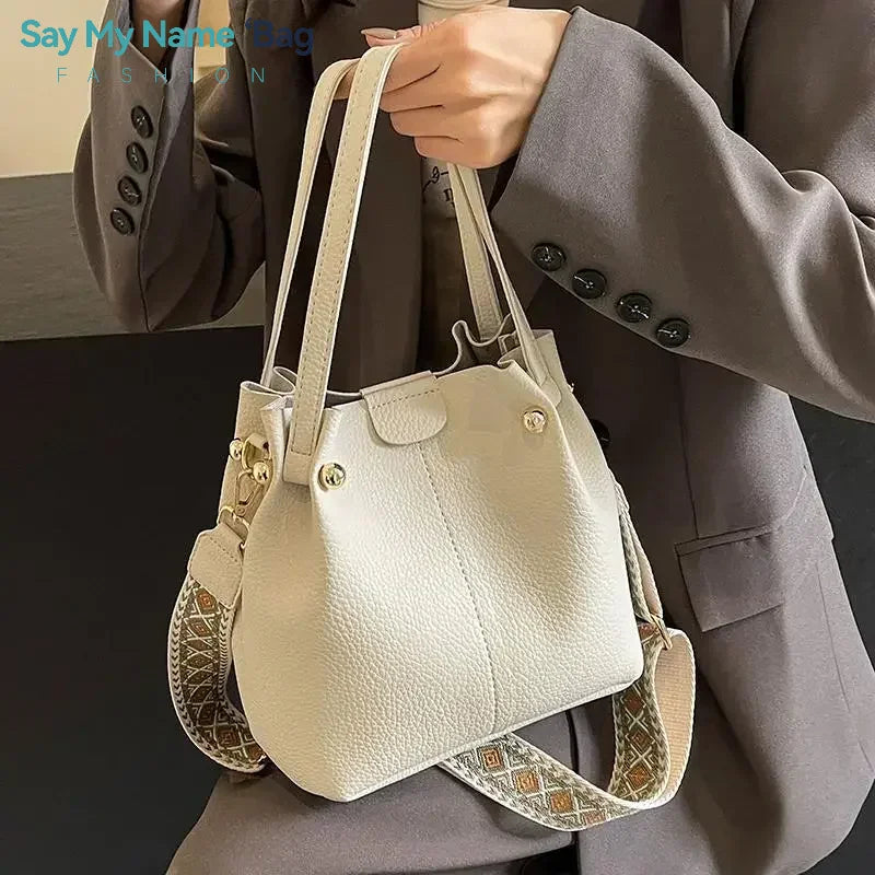 2025 High Quality Solid PU Bucket Shoulder Soft Crossbody Bags Korean High-end Design Large Capacity Women's Handbags